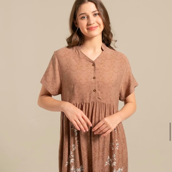 Bronze Color Button Front Dress, Mandarin Collar Dress - Picture 3 of 8